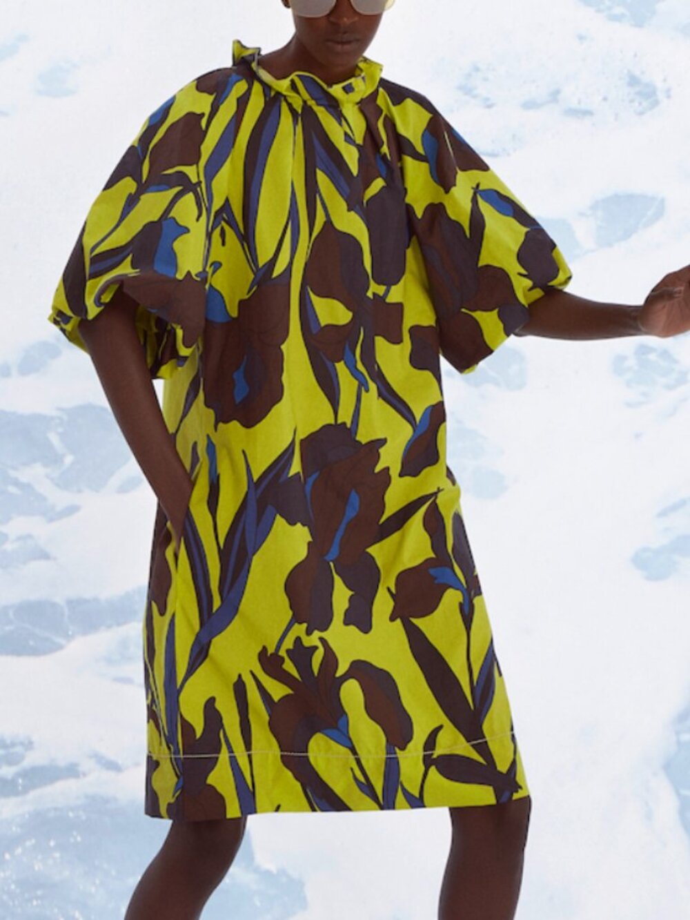 Odeeh Art Deco Puff Sleeve Ruffle Neck Floral Cotton Dress With Pockets